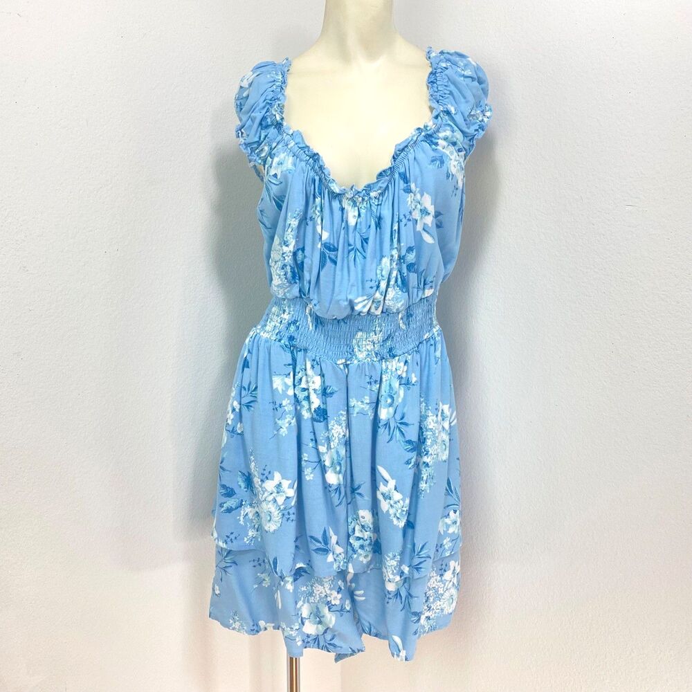 Rue + Blue Floral Romper 3X Rayon Elastic Waist & Neck Ruffles Comfy Boho Fairy